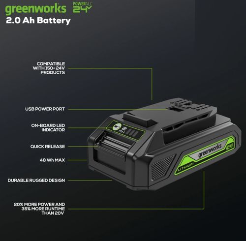 סוללת ליתיום GREENWORKS 24V 2.0Ah דור 2 דגם 99582-1 עם טעינה מהירה ותאי Panasonic