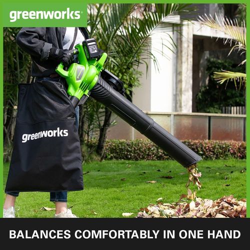 מפוח ושואב עלים GREENWORKS 48V דגם GD24X2BV עם מנוע Brushless, מהירות 322 קמ