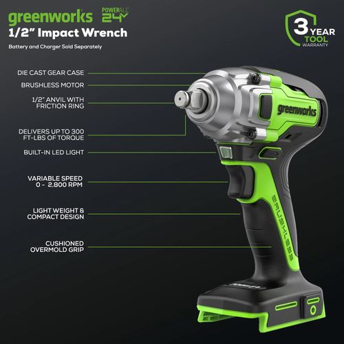 מפתח רטיטה GREENWORKS 24V דגם 99708 עם 2 סוללות 2.0Ah, מטען מהיר ותיק נשיאה לביצועים מקצועיים מושלמים