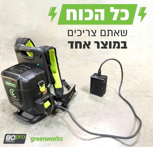 יחידת כח נישאת GREENWORKS 80V PRO דגם 99782 עם שתי סוללות 4.0Ah ומטען כפול מהיר לעבודה רציפה בגינון מקצועי