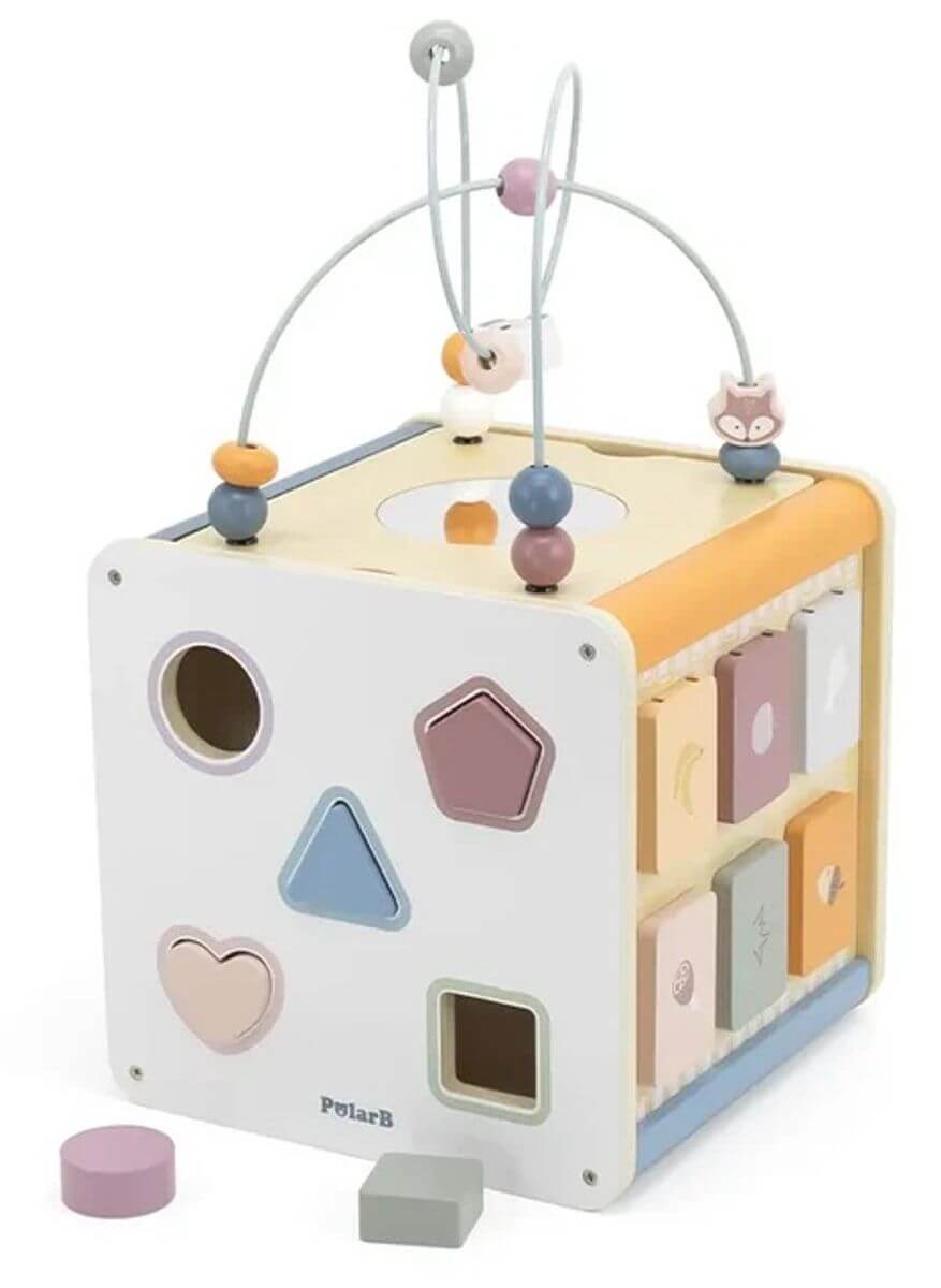 קוביית פעילות מעץ 8 ב 1 עם מבוך חרוזים, קסילופון, התאם צורה ומגוון פעילויות PolarB 