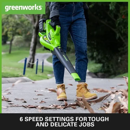 אדם משתמש במפוח עלים Greenworks עם 6 דרגות מהירות, מתאים לעבודות עדינות וקשות כאחד