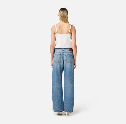Trompe-l'oeil jumpsuit in crêpe and denim