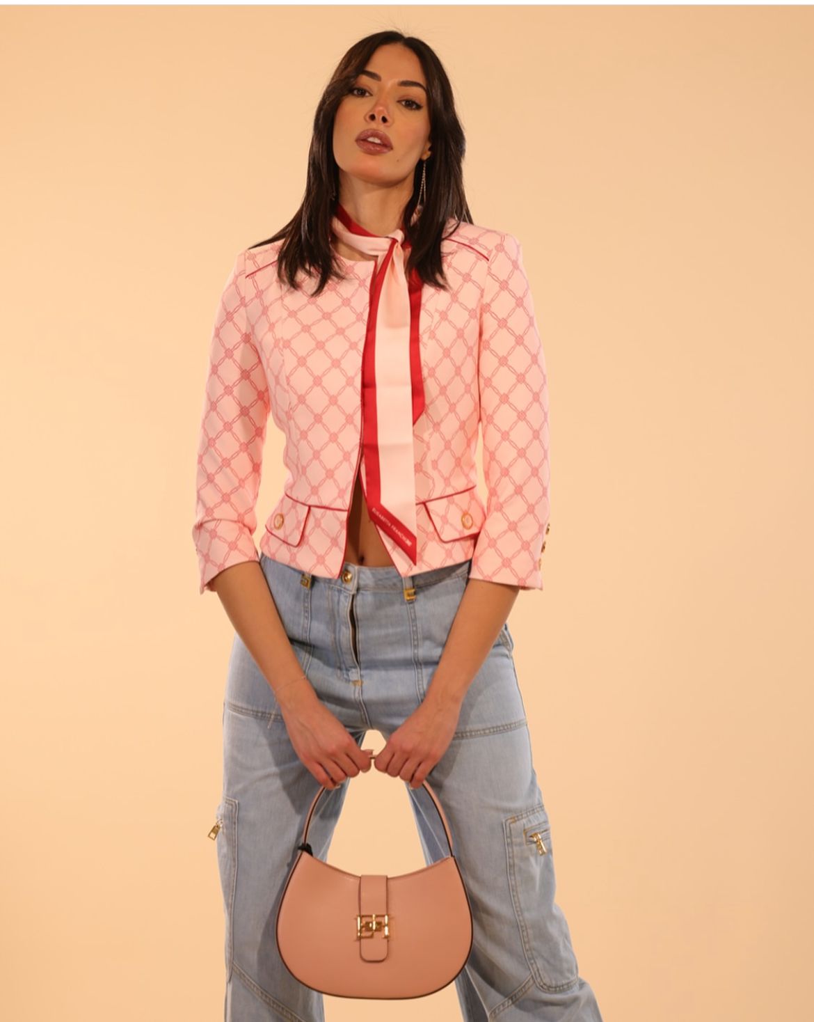 Jacket in printed stretch crêpe fabric with removable foulard scarf