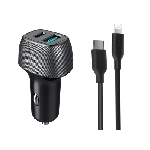 מטען לרכב מהיר עם כבל Iphone to Type c + PD25W+QC18W מבית MIRACASE מירקייס Silver Line  99317-000-21 מטען שקע מצת רכב