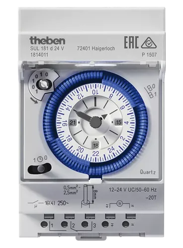 שעון שבת פיקוד ללוח חשמל 12-24 וולט 1814011 SUL 181 d 24V שעון יומי מכני עם רזרבה 3 מאמ