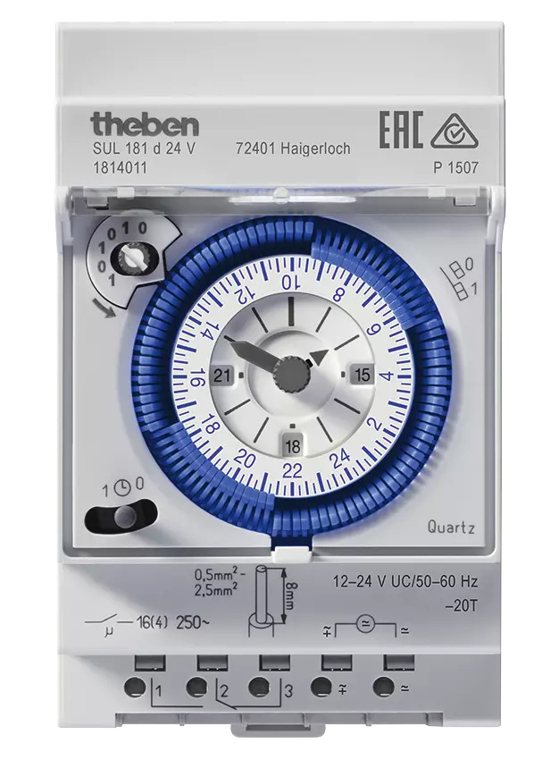 שעון שבת פיקוד ללוח חשמל 12-24 וולט 1814011 SUL 181 d 24V שעון יומי מכני עם רזרבה 3 מאמ"ת, ערוץ 1 הפעלה ע"י זיזים טבן