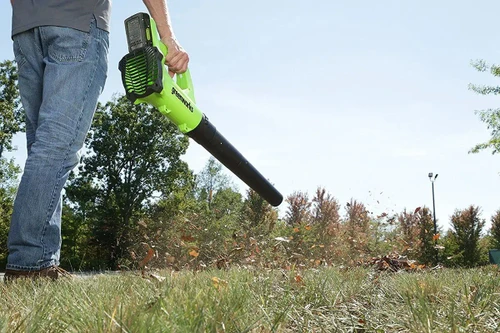 אדם מפעיל מפוח עלים נטען של Greenworks בשטח פתוח, כשהמפוח מעיף עלים יבשים מהדשא – מתאים לניקוי גינות וחצרות.