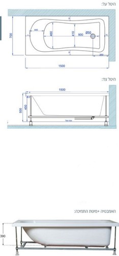 אמבטיה אקרילית 150/70 MTI-91 מעוגלת לבן מבריק