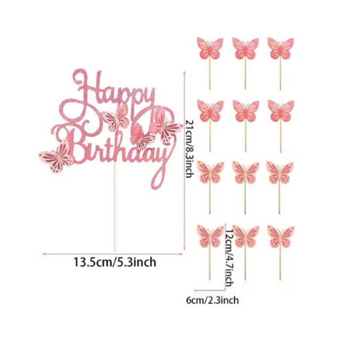 13 טופרים מנצנצים לעוגה פרפרים ו-Happy Birthday ורוד 