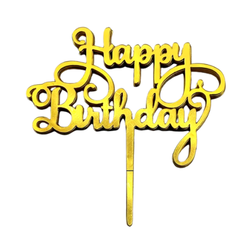 טופר לעוגה Happy Birthday כתב יד מעוטר צבע זהב