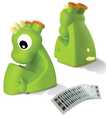 מיקרוסופ סטריאו (2 עיניות) לילדים בצורת דינוזאור, מגירה עם 20 דגימות לבחינה ותאורה ב 4 עוצמות