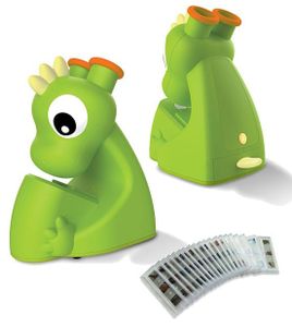 מיקרוסופ סטריאו (2 עיניות) לילדים בצורת דינוזאור, מגירה עם 20 דגימות לבחינה ותאורה ב 4 עוצמות