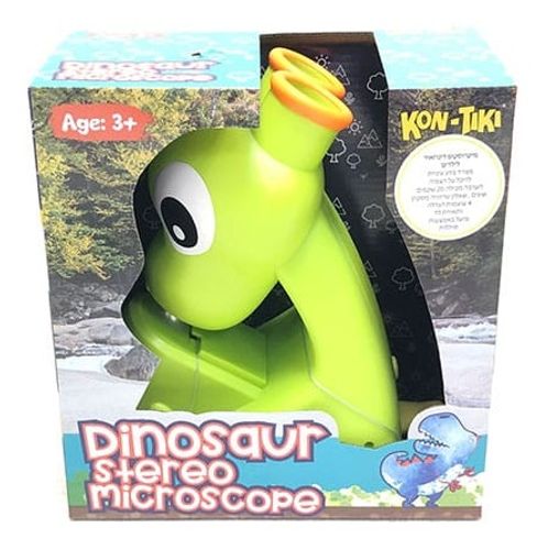 מיקרוסופ סטריאו (2 עיניות) לילדים בצורת דינוזאור, מגירה עם 20 דגימות לבחינה ותאורה ב 4 עוצמות