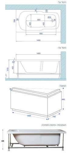 שירטוט אמבטיה אקרילית 140/70 MTI-81 מעוגלת לבן מבריק