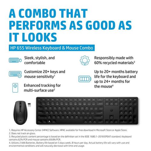 סט מקלדת ועכבר אלחוטיים HP 655 Wireless Keyboard and Mouse Combo