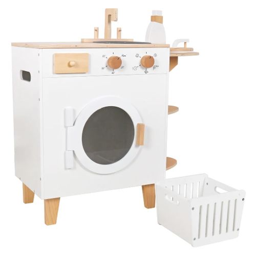 מכונת כביסה מעץ לילדים עם שלל אביזרי משחק