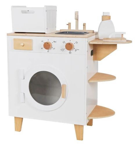 מכונת כביסה מעץ לילדים עם שלל אביזרי משחק