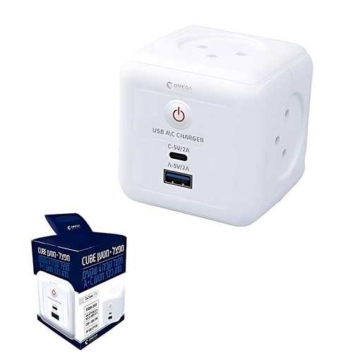 מפצל חשמל ל-4 קוביה עם הארקה+ מפסק+ שקע USB+ TYPEC 2A 