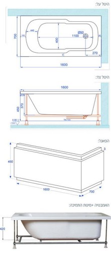 שירטוט אמבטיה אקרילית 160/70 MTI-82 מעוגלת לבן מבריק