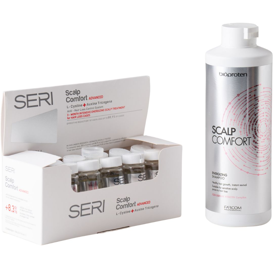 סט למניעת נשירה: שמפו ממריץ למניעת נשירה SCALP COMFORT ללא פרבנים מבית פרקום 500 מ"ל + סרי אמפולות נגד נשירה פרקום 12*10 מ"ל