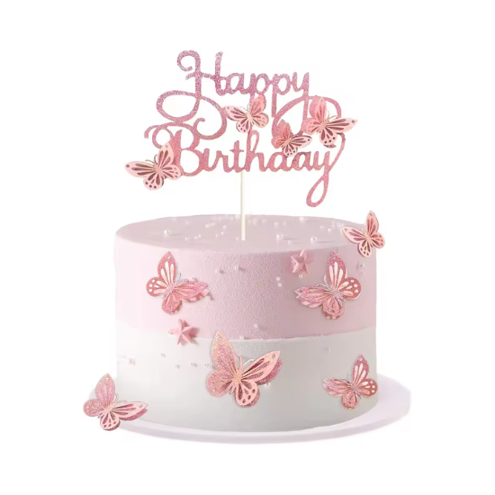 סט 13 טופרים - Happy Birthday ופרפרים ורודים