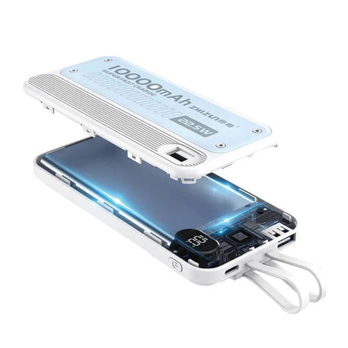 מטען נייד 10000mAh 22.5W עם צג וכבל מובנה ZK-10 WHITE-GRAY סמיקום 