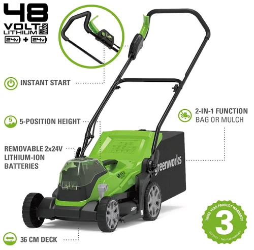 מכסחת דשא נטענת Greenworks 48V (שתי סוללות 24V) דגם G24X2LM36 עם מנוע Brushed, רוחב כיסוח של 36 ס