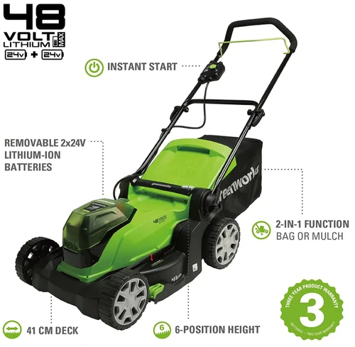 מכסחת דשא נטענת Greenworks 48V (2×24V) עם מבנה קל משקל, כפתור הפעלה מיידית, רוחב כיסוח 41 ס