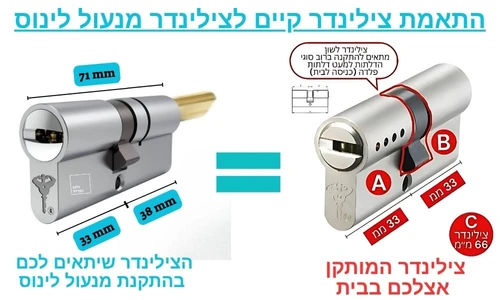 התאמת צילינדר לשון 66 ממ לצילינדר מנעול לינוס 71 ממ