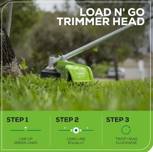 חרמש נטען גרין וורקס עם ראש Load N' Go בפעולה על דשא, כולל הוראות טעינת חוט בשלושה שלבים.