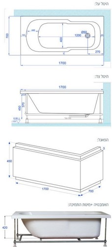 מפרט טכני אמבטיה אקרילית 170/70 MTI-83 מעוגלת לבן מבריק