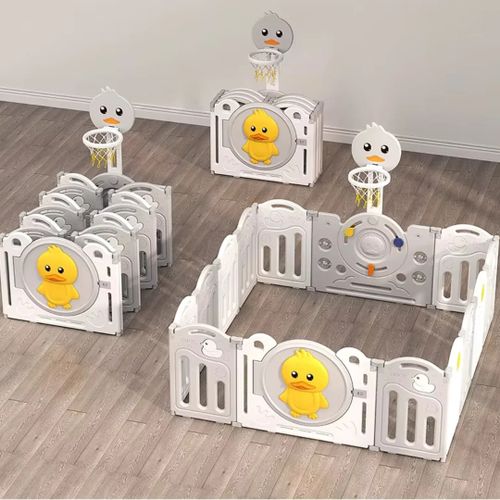 גדר פעילות ברווז מפלסטיק 14 חלקים עם דלת נפתחת, סל קליעות, קיפול מהיר ומזרן מבודד - קפה