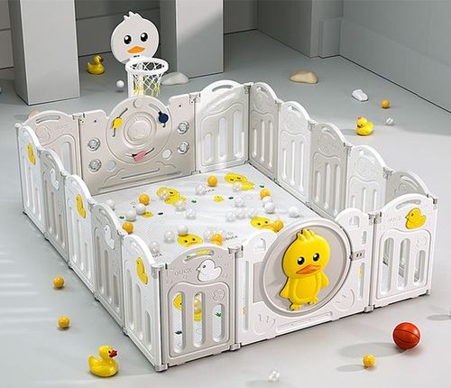 גדר פעילות ברווז מפלסטיק 16 חלקים עם דלת נפתחת, סל קליעות, קיפול מהיר ומזרן מבודד - אפור