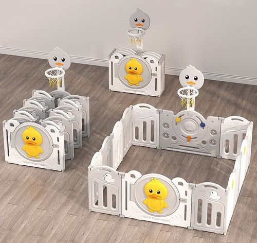 גדר פעילות ברווז מפלסטיק 16 חלקים עם דלת נפתחת, סל קליעות, קיפול מהיר ומזרן מבודד - אפור