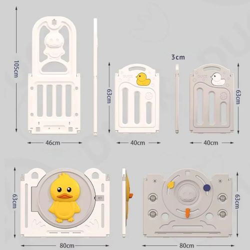 גדר פעילות ברווז מפלסטיק 16 חלקים עם דלת נפתחת, סל קליעות, קיפול מהיר ומזרן מבודד - אפור