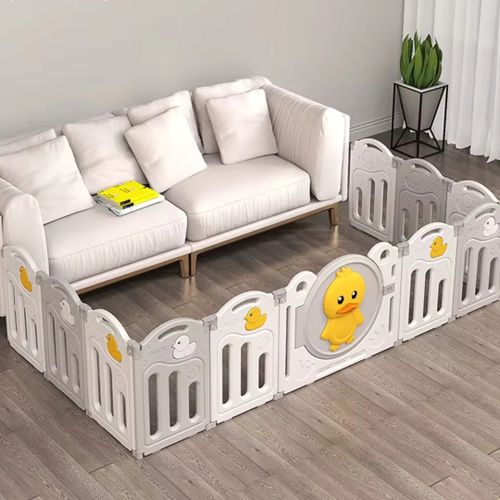 גדר פעילות ברווז מפלסטיק 16 חלקים עם דלת נפתחת, סל קליעות, קיפול מהיר ומזרן מבודד - אפור