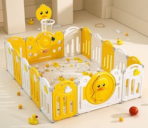 גדר פעילות ברווז מפלסטיק 16 חלקים עם דלת נפתחת, סל קליעות, קיפול מהיר ומזרן מבודד - צהוב