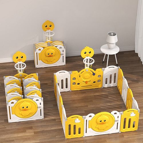 גדר פעילות ברווז מפלסטיק 16 חלקים עם דלת נפתחת, סל קליעות, קיפול מהיר ומזרן מבודד - צהוב