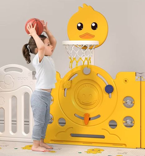 גדר פעילות ברווז מפלסטיק 16 חלקים עם דלת נפתחת, סל קליעות, קיפול מהיר ומזרן מבודד - צהוב