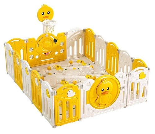 גדר פעילות ברווז מפלסטיק 16 חלקים עם דלת נפתחת, סל קליעות, קיפול מהיר ומזרן מבודד - צהוב