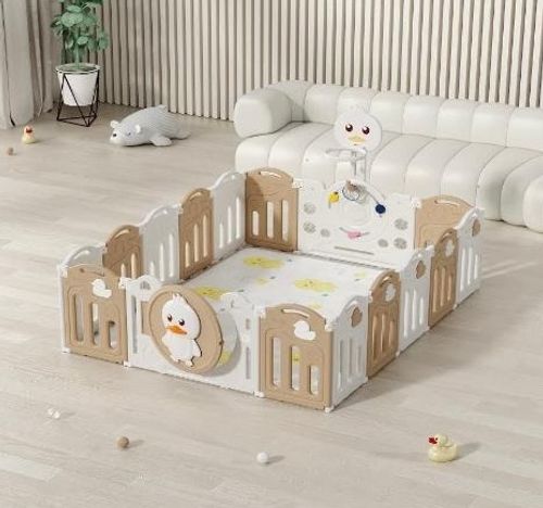 גדר פעילות ברווז מפלסטיק 16 חלקים עם דלת נפתחת, סל קליעות, קיפול מהיר ומזרן מבודד - קפה