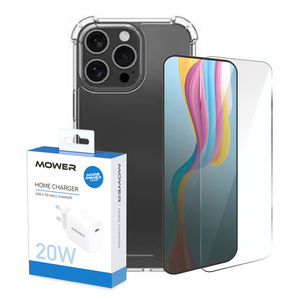 מארז ל-iPhone 16 Pro Max מטען קיר 20W + כיסוי אחורי שקוף + מגן מסך Mower