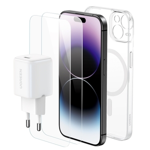 מארז ל-iPhone 15 Plus מטען קיר 30W + כיסוי MagSafe + זוג מגני מסך UGREEN