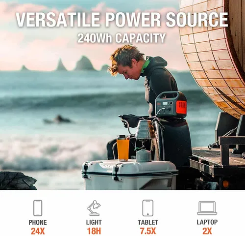 תחנת כוח ניידת Jackery Explorer 240 בצבע שחור-כתום עם ידית נשיאה, מסך LCD, מתגי הפעלה ויציאות חשמל מגוונות. כוללת כבלי טעינה לשקע קיר ולרכב. קומפקטית ונוחה לנשיאה עם משקל של 3 ק