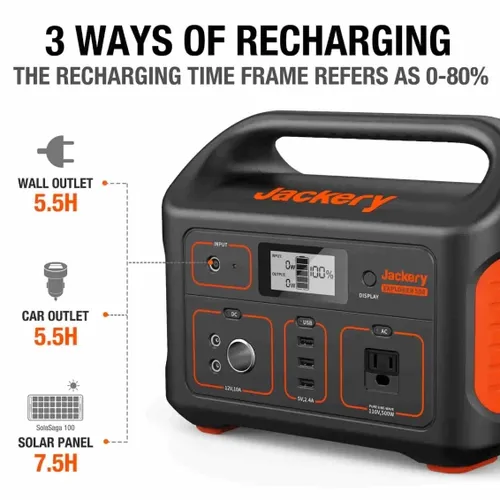 תחנת כוח ניידת Jackery Explorer 500 בצבע שחור-כתום עם ידית נשיאה גדולה, מסך LCD מרכזי, מתגי הפעלה נפרדים ומגוון יציאות כולל AC, DC ו-USB. התמונות מציגות 3 דרכי טעינה שונות וחלוקת יציאות מפורטת עם זמני טעינה לכל מקור