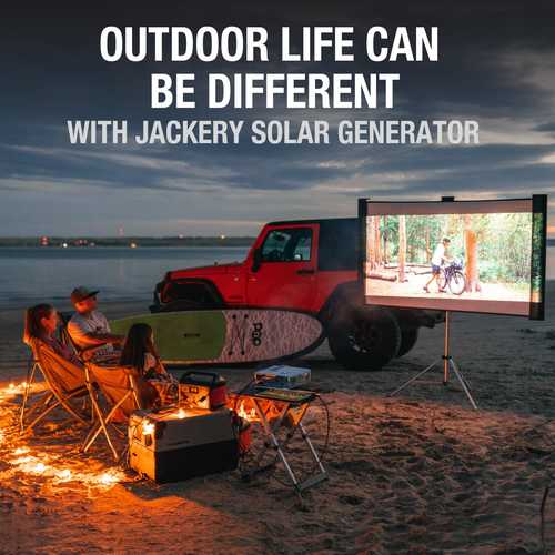 תחנת כוח ניידת Jackery Explorer 500 בצבע שחור-כתום עם ידית נשיאה גדולה, מסך LCD מרכזי, מתגי הפעלה נפרדים ומגוון יציאות כולל AC, DC ו-USB. התמונות מציגות 3 דרכי טעינה שונות וחלוקת יציאות מפורטת עם זמני טעינה לכל מקור