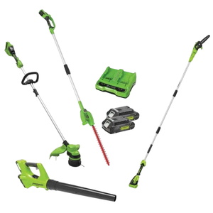 סט גינון מקצועי מסור גזם 24V 8" + גזמת גובה 24V + חרמש/קוצץ קנטים 48V + מפוח עלים Greenworks 24V