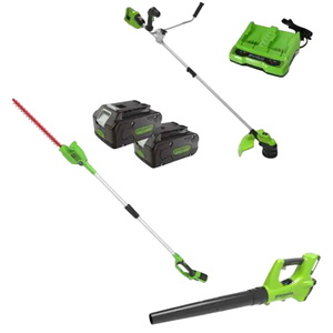 סט מגזמת גובה 24V + קיט חרמש/קוצץ + 2 סוללות 4.0Ah + מטען כפול ומפוח Greenworks 24V