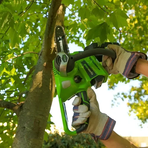 אדם מבצע גיזום ענף עץ באמצעות מסור שרשרת נטען Greenworks 24V, כשהוא אוחז בו בשתי ידיים עם כפפות עבודה, ברקע צמחייה ירוקה ועצי גינה.